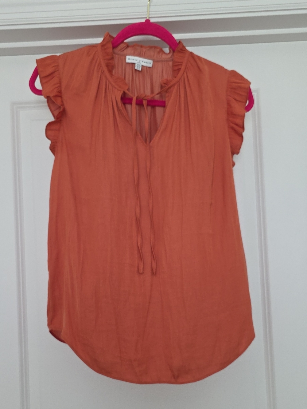 Ruffle Cap-Sleeve Tie-Neck Blouse in Rust